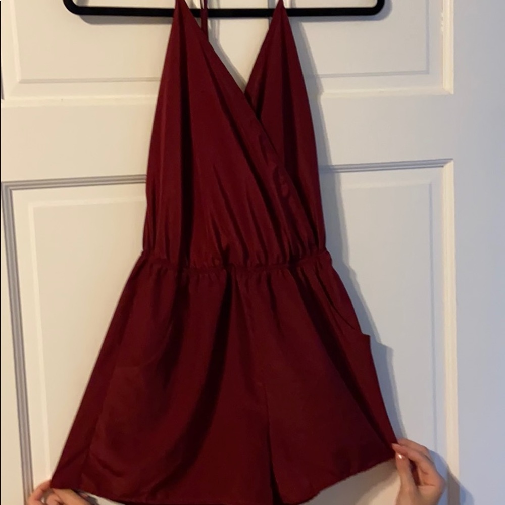 Maroon Tie Neck Halter Romper
